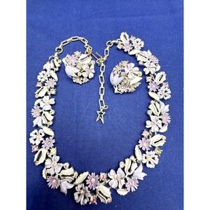 Vintage‎ STAR Necklace Earrings Set Enamel Flower Rhinestone Pastel Purple 16"